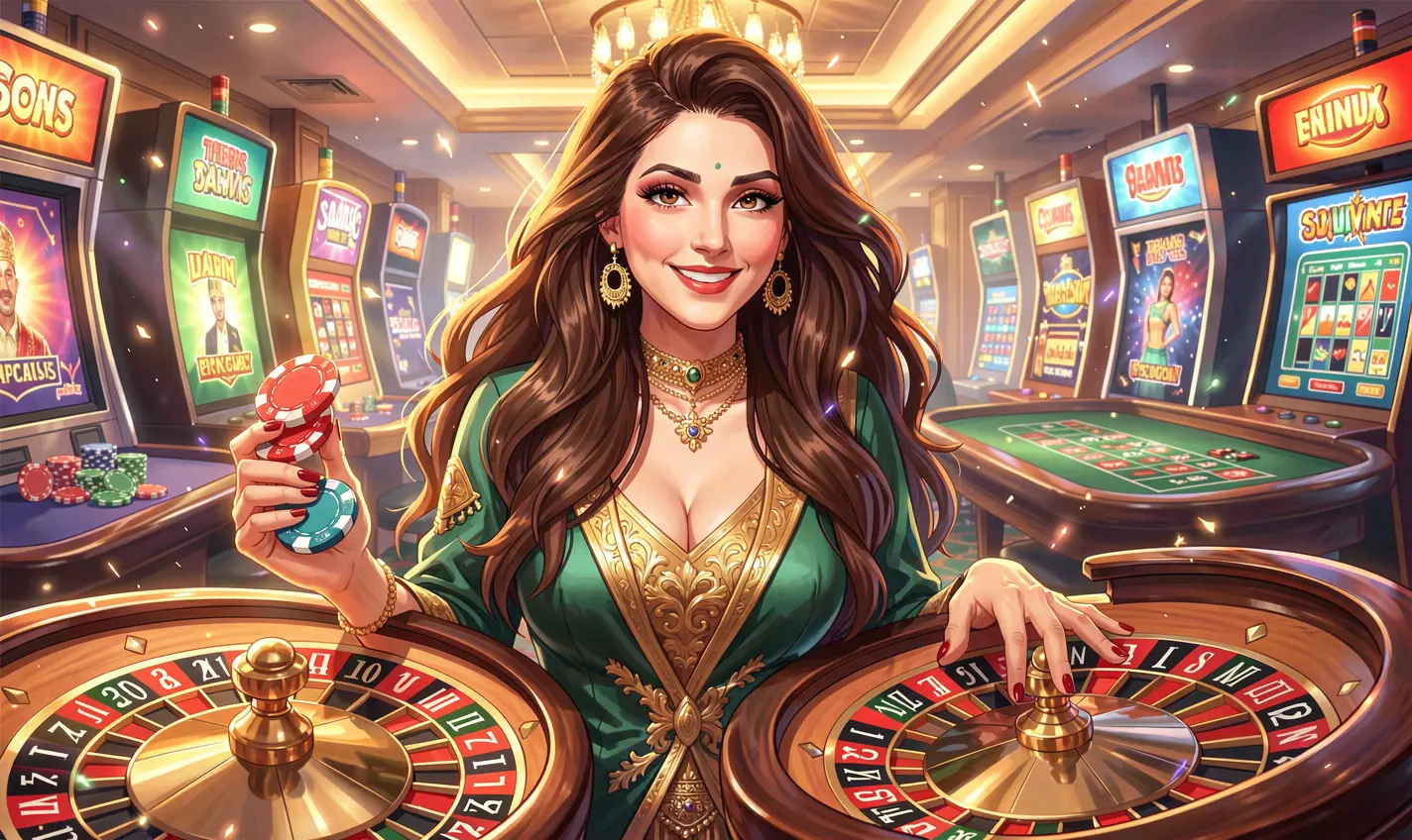 41OK – Step into thrilling live casino action made for Bangladesh Confident casino woman with poker chips in hand and a glowing roulette wheel behind her highlighting thrilling live casino action at 41OK in Bangladesh