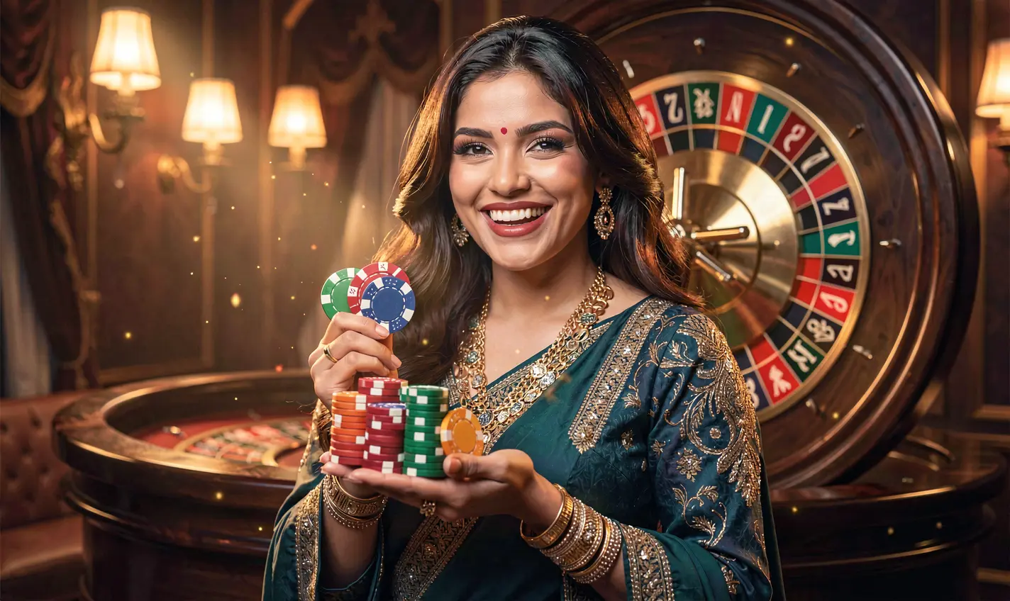 41OK Casino – Experience premium live casino entertainment in Bangladesh Elegant casino scene with a smiling woman holding chips in front of a roulette wheel showcasing the immersive gaming atmosphere at 41OK Casino in Bangladesh