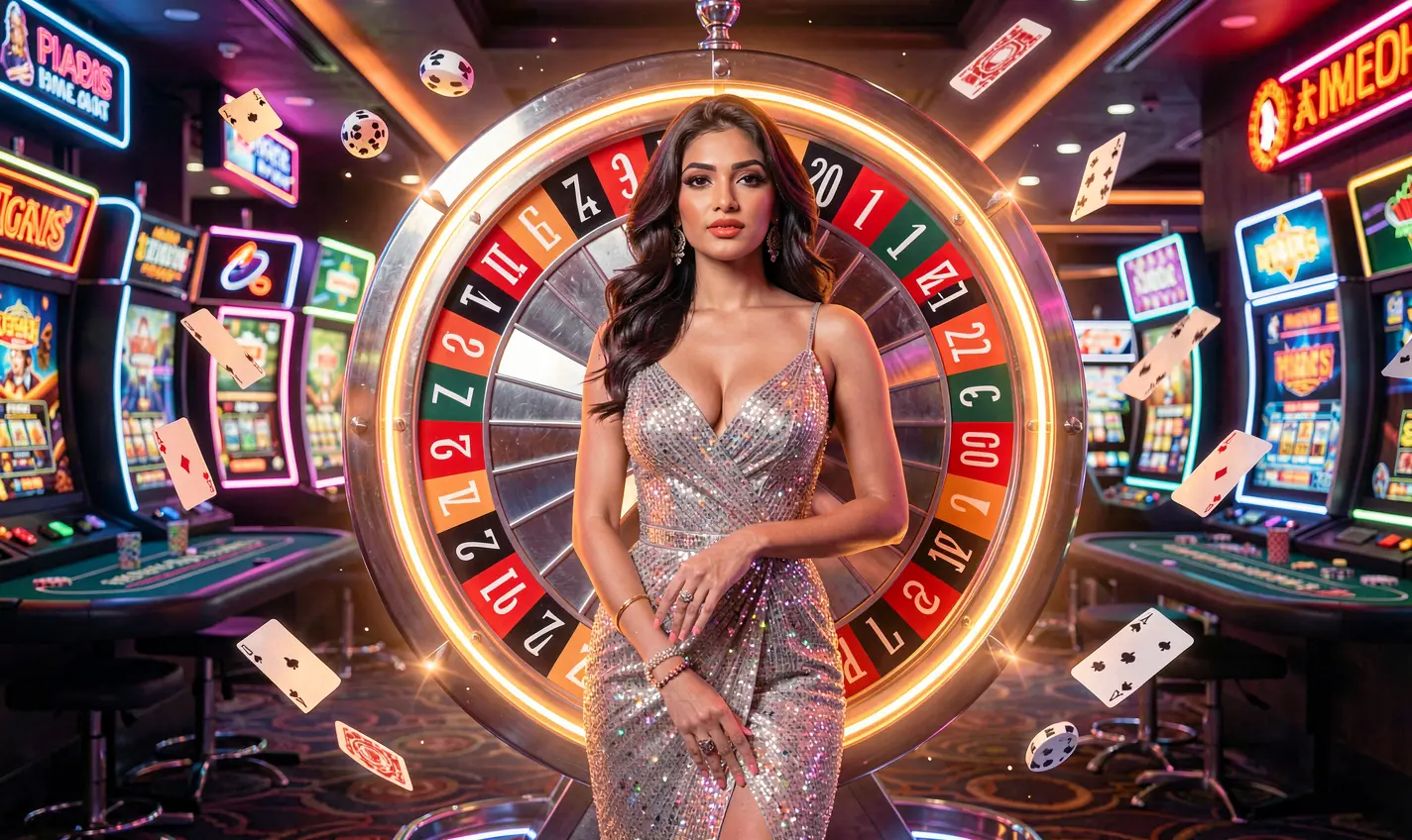 41OK – Step into a vibrant world of casino entertainment in Bangladesh Elegant casino model in a sparkling dress in front of a glowing roulette wheel with flying chips representing high energy casino gaming at 41OK for players in Bangladesh