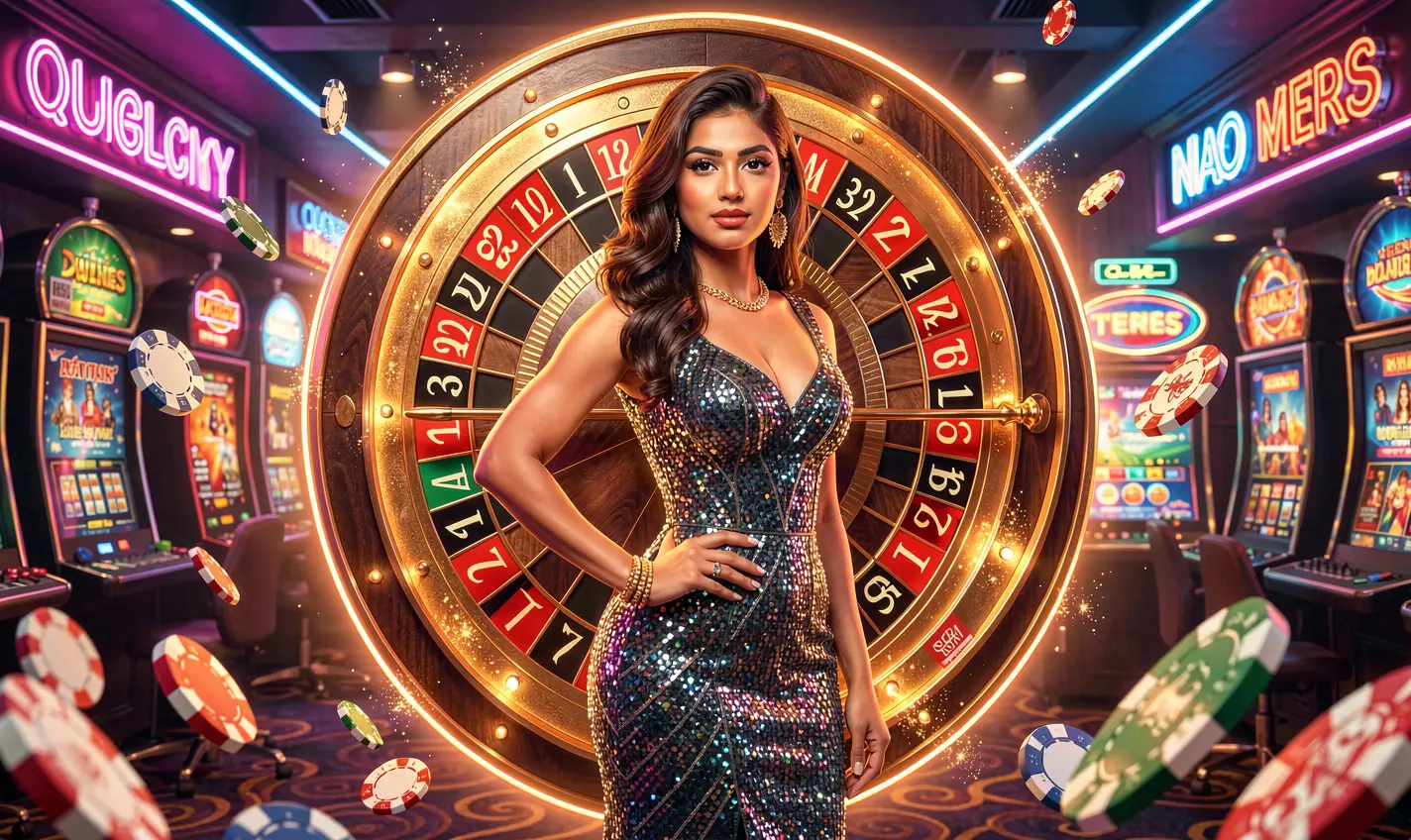 41OK – Step into a stylish online casino experience for Bangladeshi players Confident casino hostess in a sparkling evening dress with a glowing roulette wheel and flying chips creating an immersive gaming mood at 41OK online casino